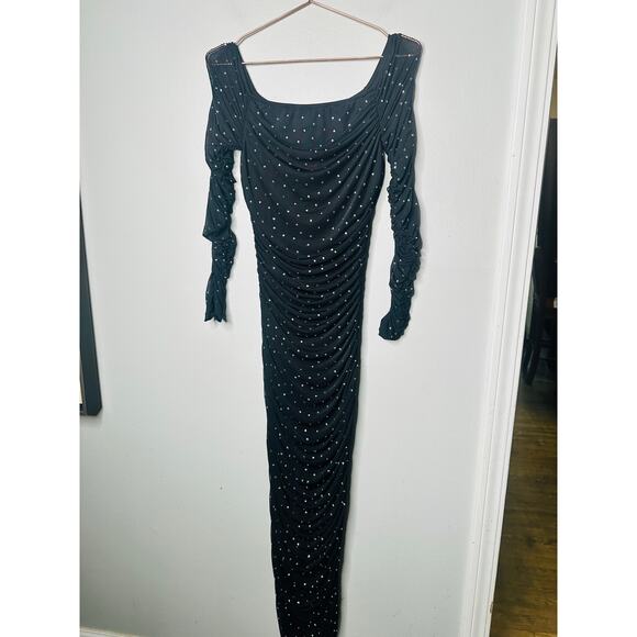 Caroline Constas Black Crystal-Embellished Ruched Mesh Aria Maxi Dress Size M - Picture 4 of 12